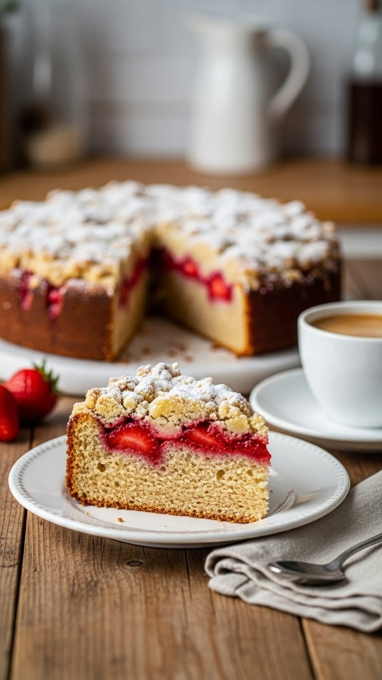 Slice Of Strawberry Coffee Cake With Streusel Topping, Moist Crumb, Strawberry Filling, And Steaming Coffee On A Rustic Table.