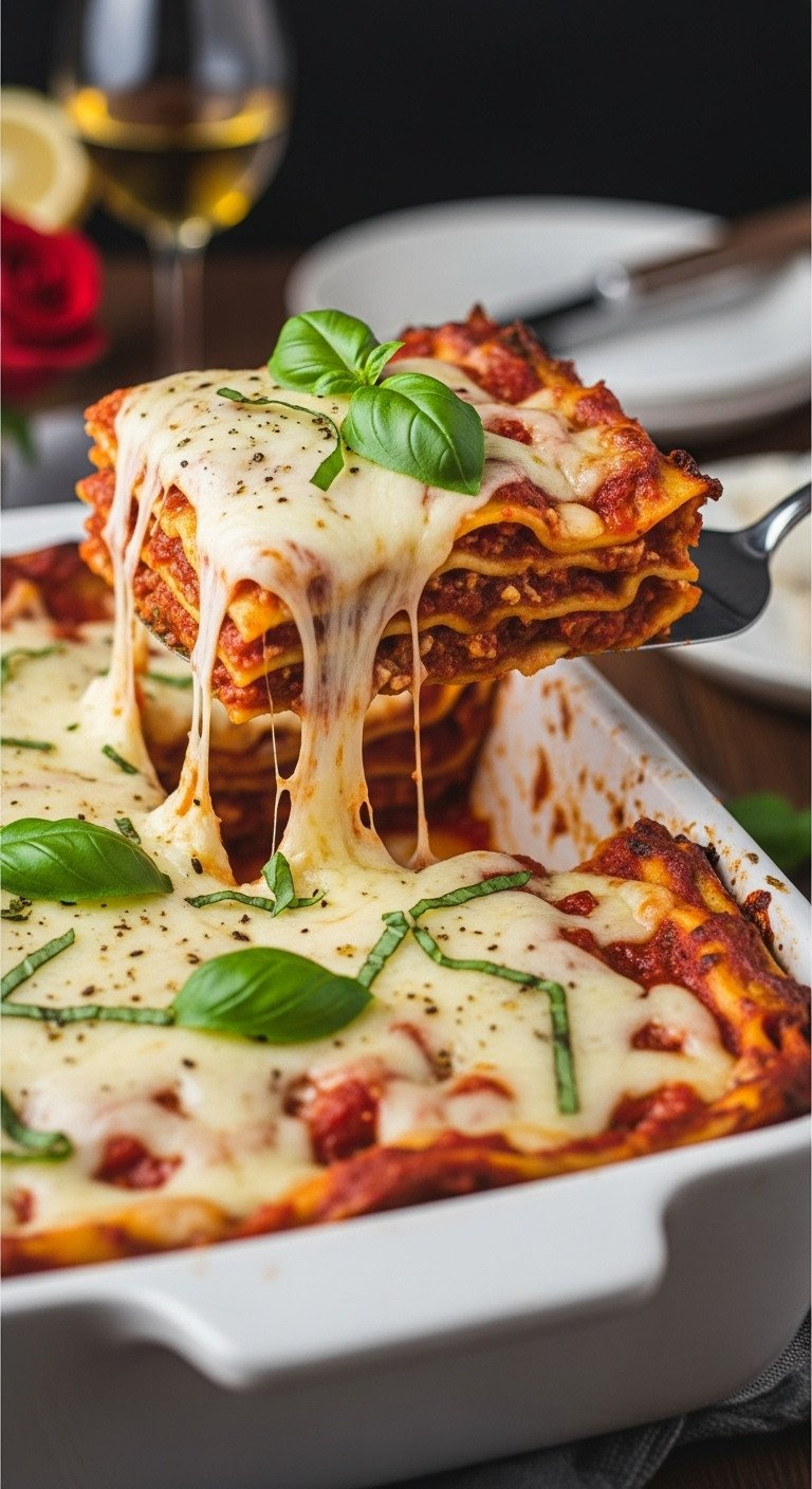 Slice Of Vegetarian Holiday Lasagna, Rich Tomato Sauce, Ricotta, Melted Mozzarella, Amazing Cheese-Pull, Fresh Basil.