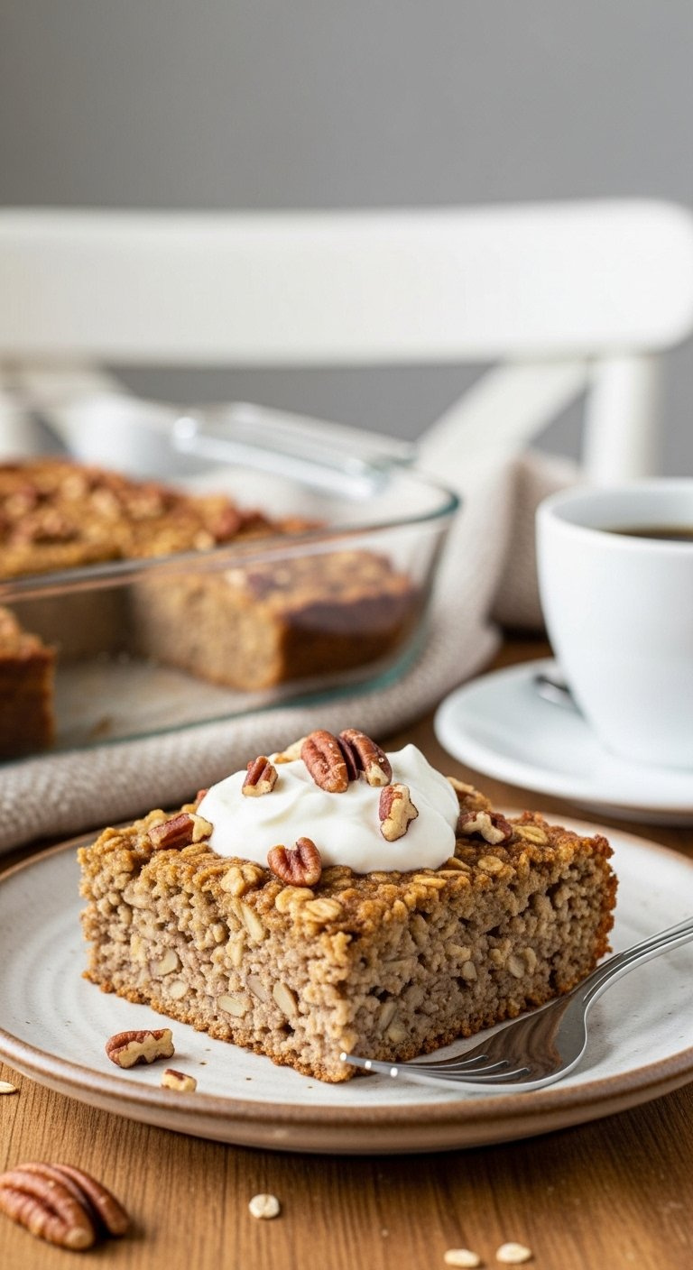 Slice Of Warm Banana Oatmeal Casserole Topped With Yogurt And Pecans On A Rustic Plate.