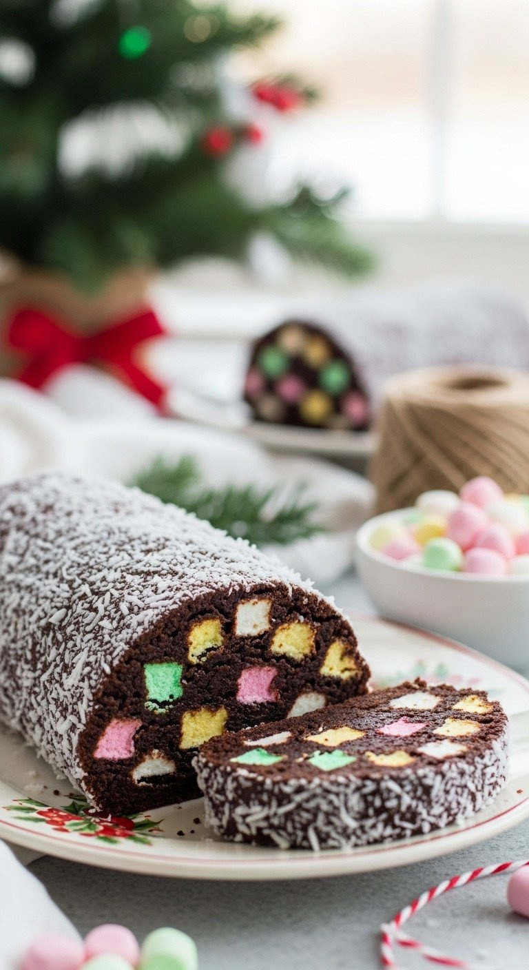 Sliced Church Window Cookies On A Plate, Showing Colorful Mini Marshmallows In Chocolate, Coated With Shredded Coconut.