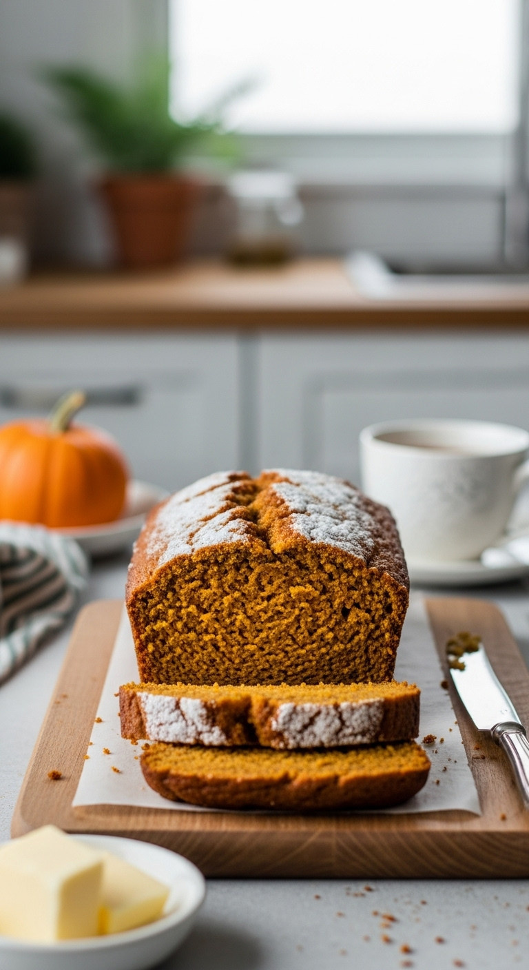 Sliced Downeast Maine Pumpkin Bread On A Cutting Board With Butter And Tea In A Cozy Kitchen