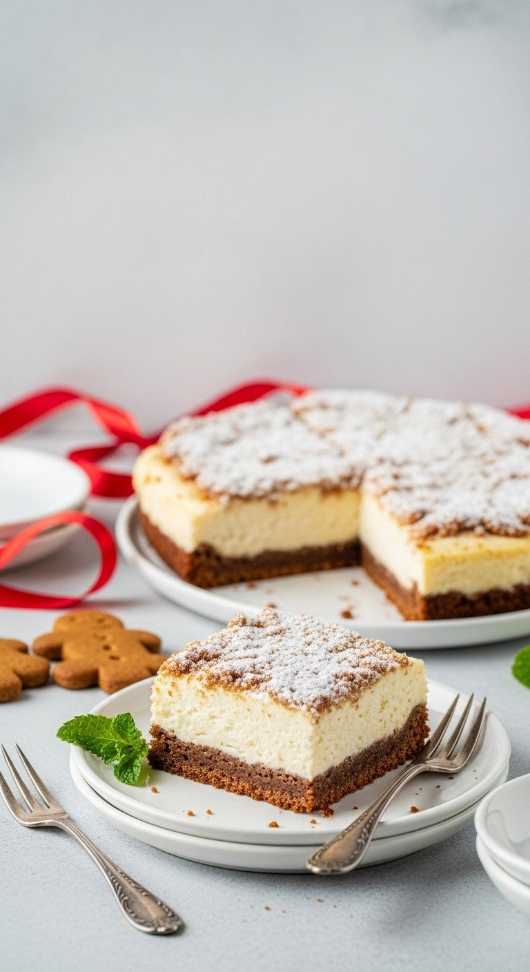 Sliced Festive Gingerbread Cheesecake Bars Showing Dark Crust, Creamy White Filling, Powdered Sugar, On A White Platter.