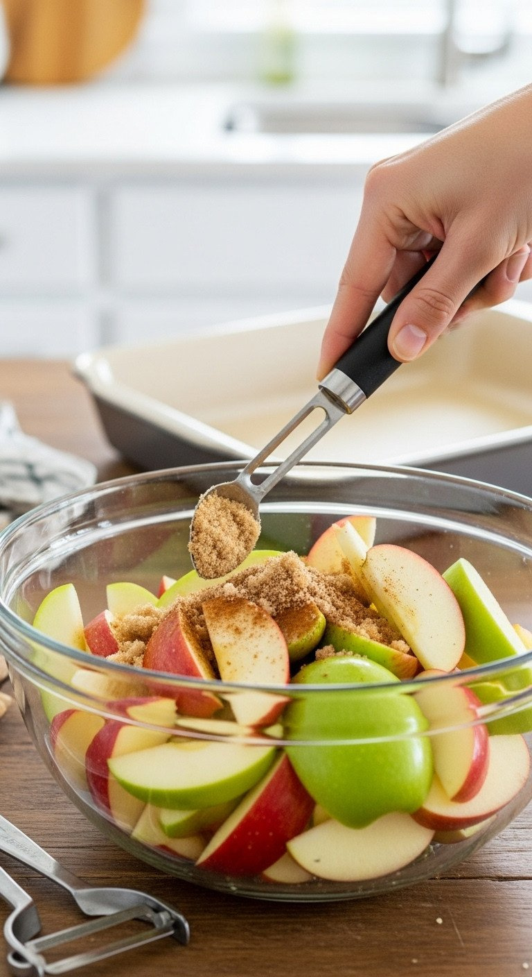 Sliced Granny Smith &Amp; Fuji Apples, Brown Sugar, Cinnamon In A Bowl On Rustic Wood, Prepping For Apple Crisp Dessert.