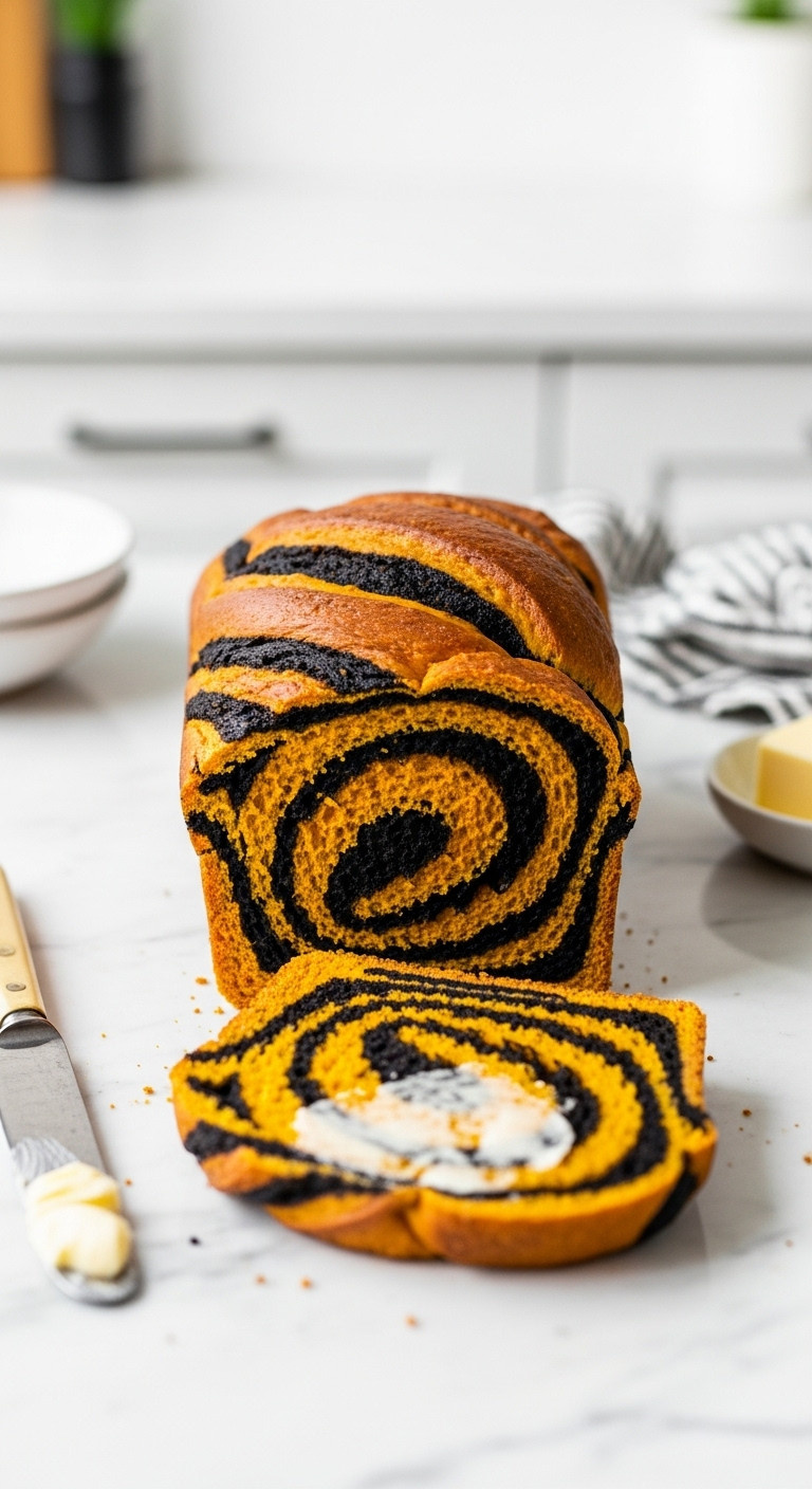 Sliced Halloween Swirl Bread With Vibrant Orange And Black Pattern, One Buttered Slice, On White Marble Countertop With Butter Dish
