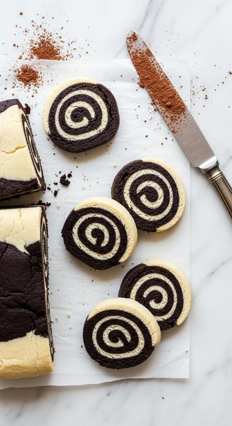 Sliced Icebox Pinwheel Cookies Revealing Black &Amp; White Swirl On Parchment Paper, Marble Surface, Cookie Dough Log, Vintage Knife.