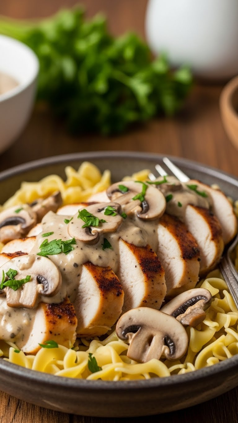 Sliced Instant Pot Chicken Breast In Creamy Mushroom Sauce Over Egg Noodles With Parsley Garnish.