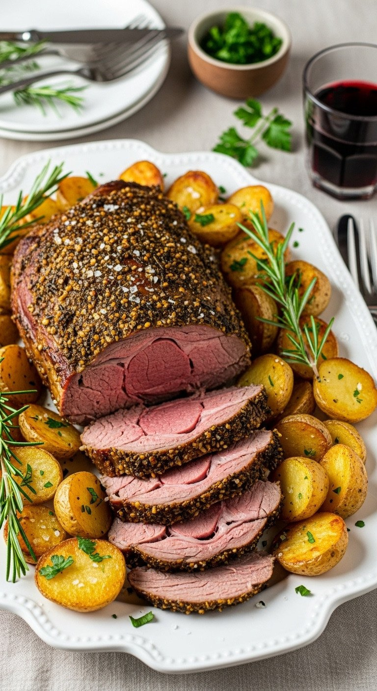 Sliced Italian Christmas Roast Lamb, Medium-Rare With Herbal Crust &Amp; Crispy Roasted Potatoes On White Platter.
