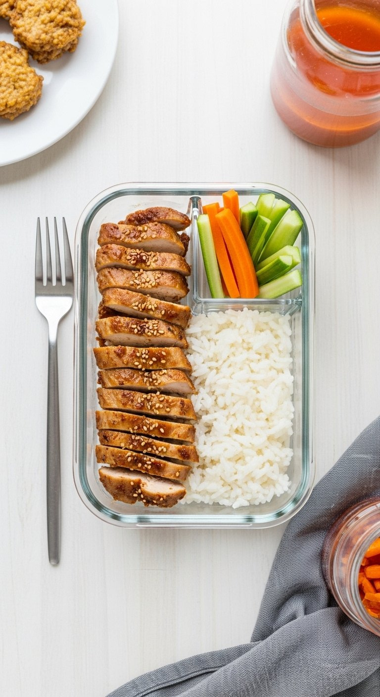 Sliced Korean Chicken Kalbi And White Rice Packed In A Glass Meal Prep Container With Vegetables.