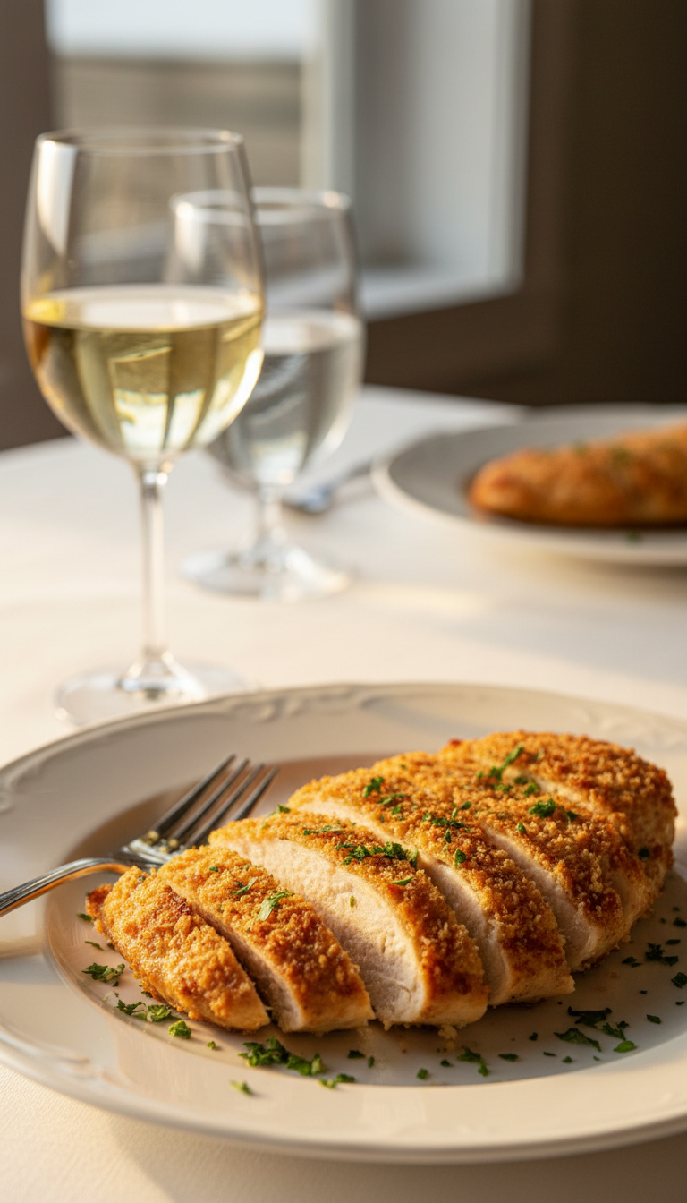 Sliced Longhorn Parmesan Crusted Chicken On A White Plate Garnished With Fresh Parsley.