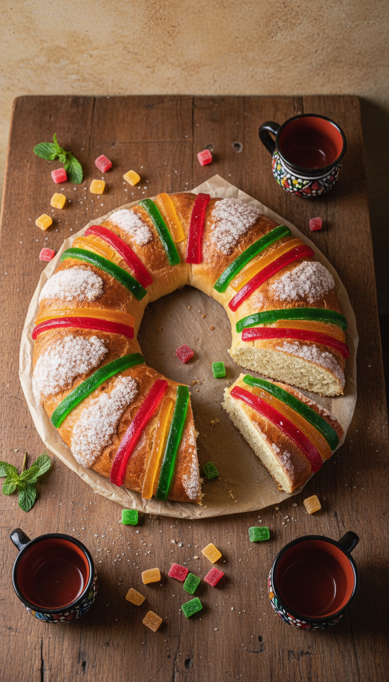 Sliced Mexican Rosca De Reyes Loaf, Vibrant Candied Fruit, Sugar Paste, Fluffy Crumb On Rustic Table With Mugs. Traditional Holiday.