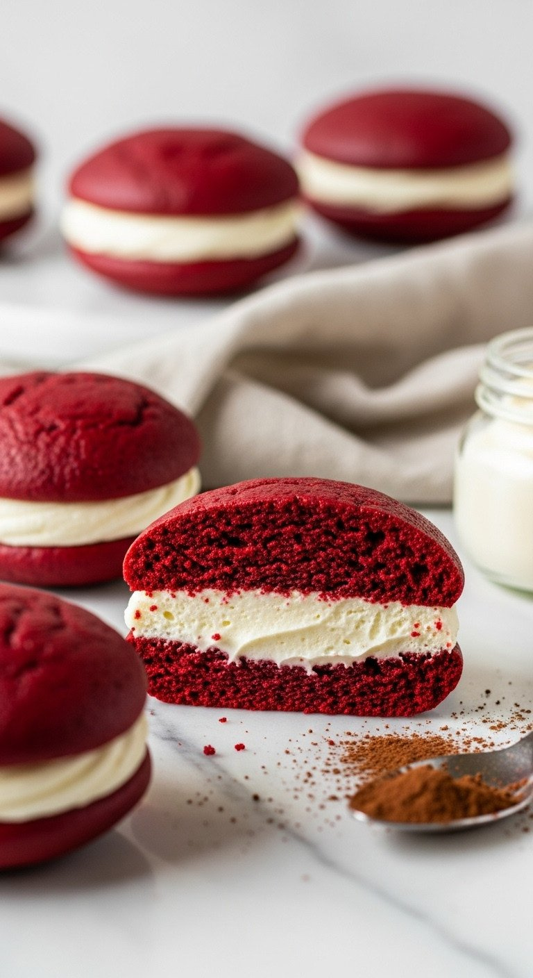 Sliced Red Velvet Whoopie Pies: Vibrant Red Cake, Creamy White Frosting. Marble, Cocoa Dust. Warm Golden Hour Light.