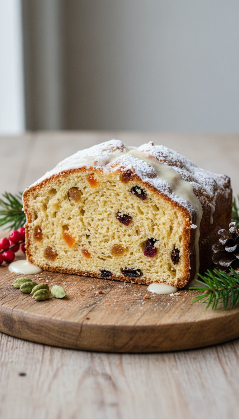 Sliced Scandinavian Julekage Loaf With Airy Crumb, Candied Fruit, Cardamom, Light Frosting On Wood. Cozy Christmas Holiday Bread.