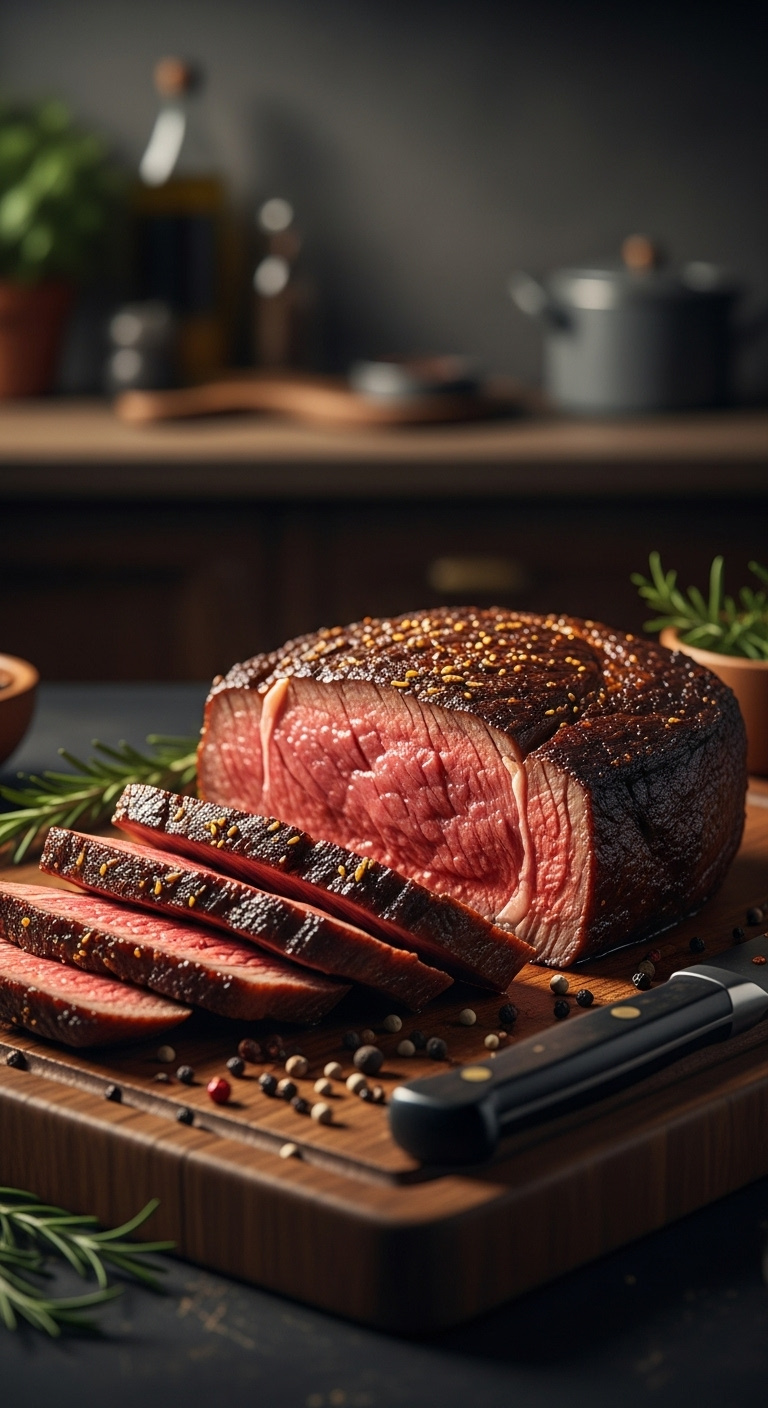 Sliced Air Fried Ribeye Steak On A Rustic Cutting Board With Rosemary Peppercorns And A Steak Knife In A Dark Kitchen