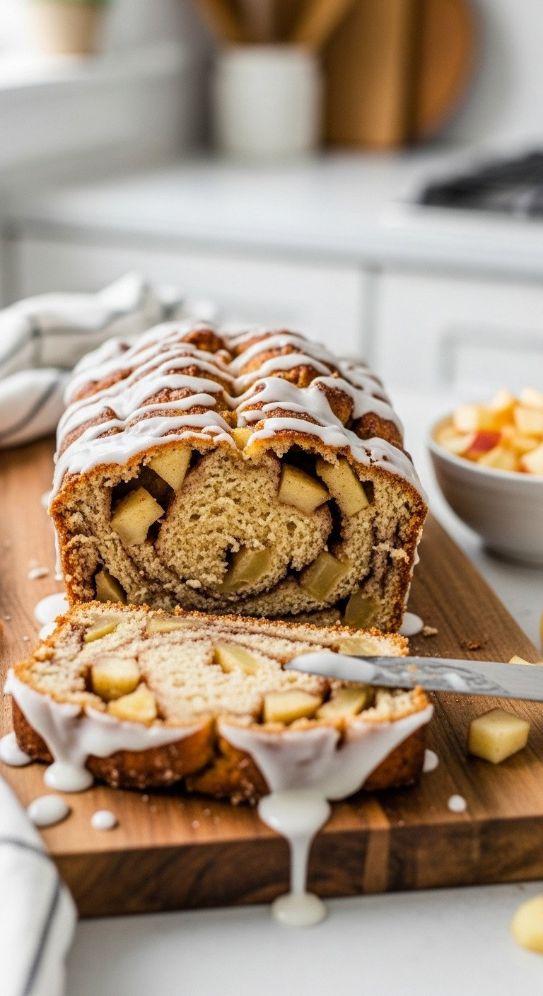 Sliced Apple Fritter Loaf Bread On Wood Board, Showing Cinnamon Swirls, Apple Chunks, Moist Cake, And Thick White Glaze.