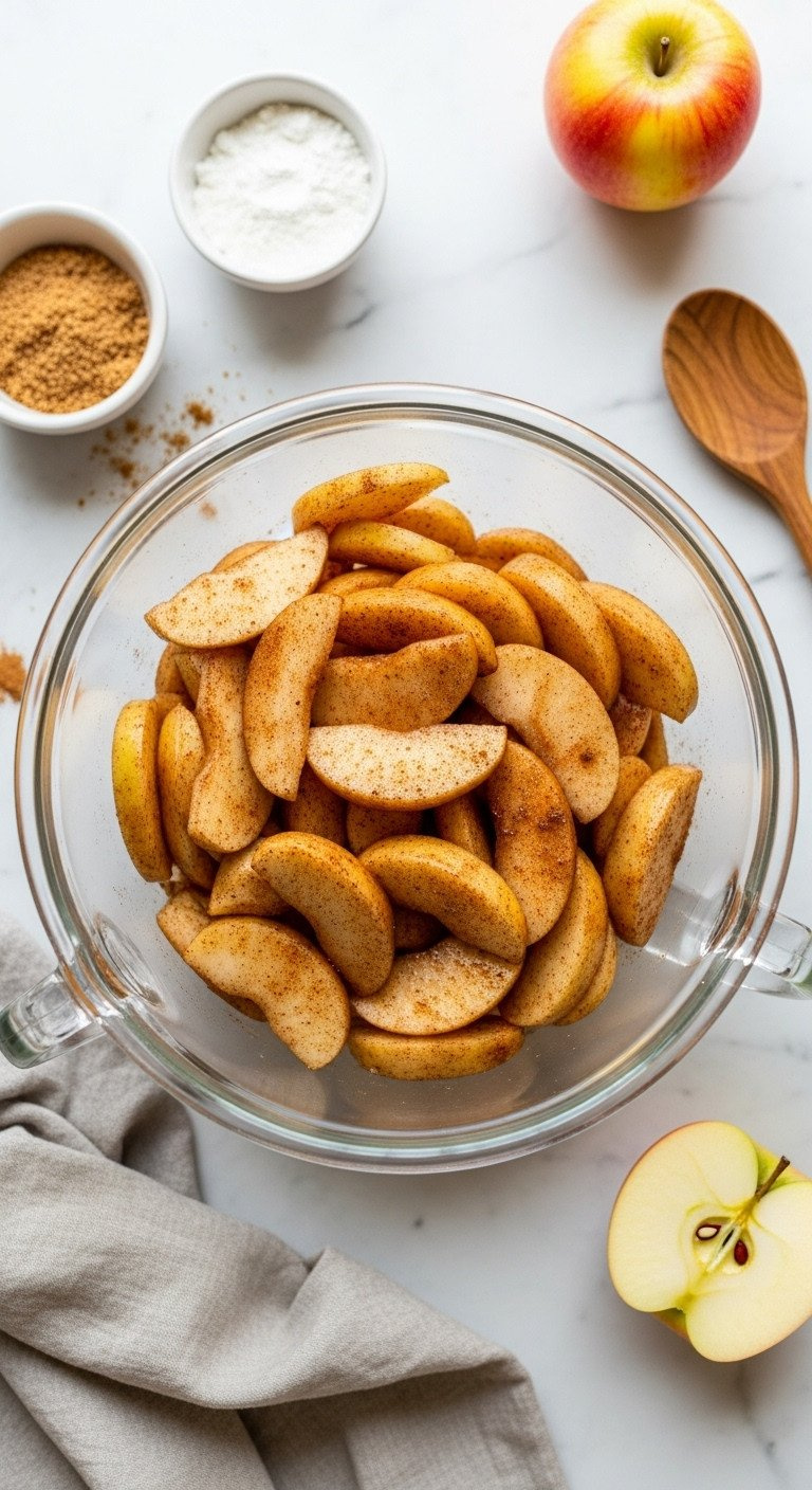Sliced Apples Coated In Cinnamon &Amp; Sugar In A Glass Mixing Bowl With Brown Sugar, Cornstarch, And A Wooden Spoon.
