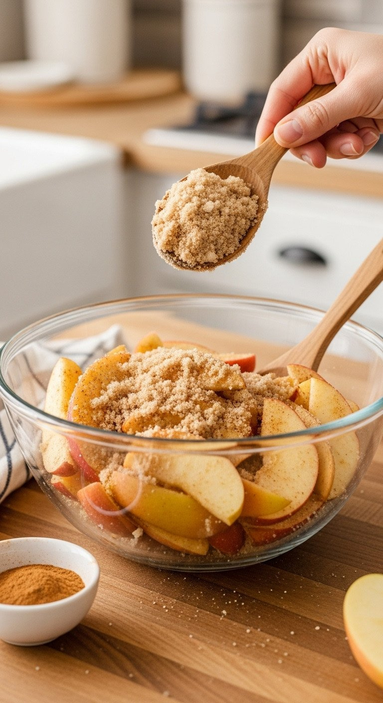 Sliced Apples Coated With Brown Sugar, Cinnamon, Flour In A Glass Bowl On A Butcher Block. Apple Crisp Filling Prep.