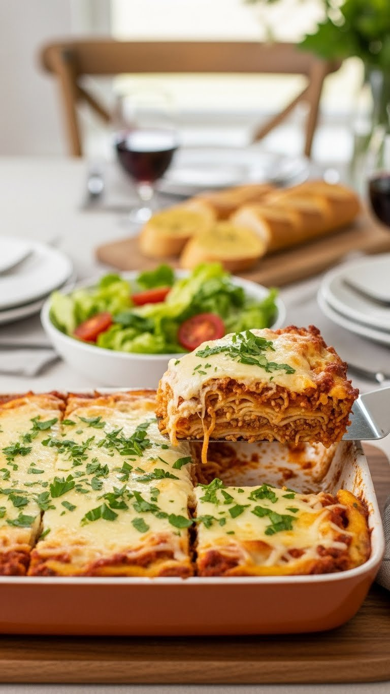 Sliced Baked Spaghetti Casserole Garnished With Fresh Parsley And Serving Spatula Ready For Dining Presentation.