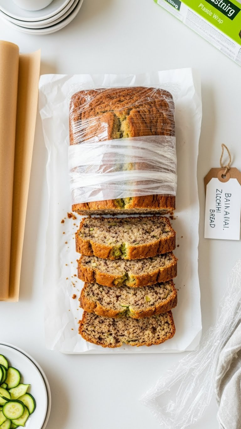 Sliced Banana Zucchini Bread Loaf Wrapped In Parchment Paper And Plastic Wrap For Storage