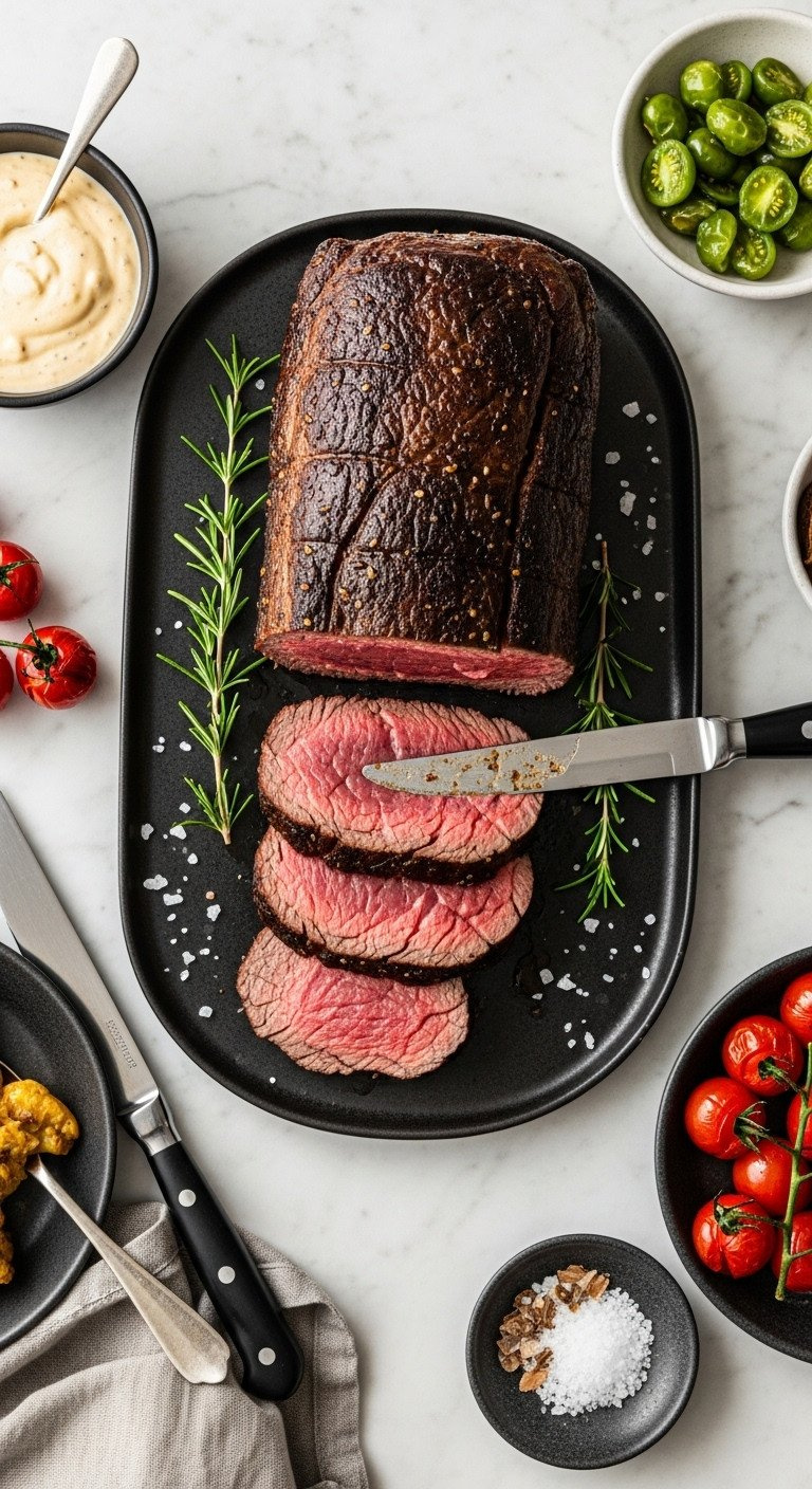 Sliced Beef Tenderloin Roast, Perfect Medium-Rare, Seared Crust, On Dark Platter With Béarnaise Sauce, Roasted Cherry Tomatoes, Sea Salt; Modern Minimalist Meal.