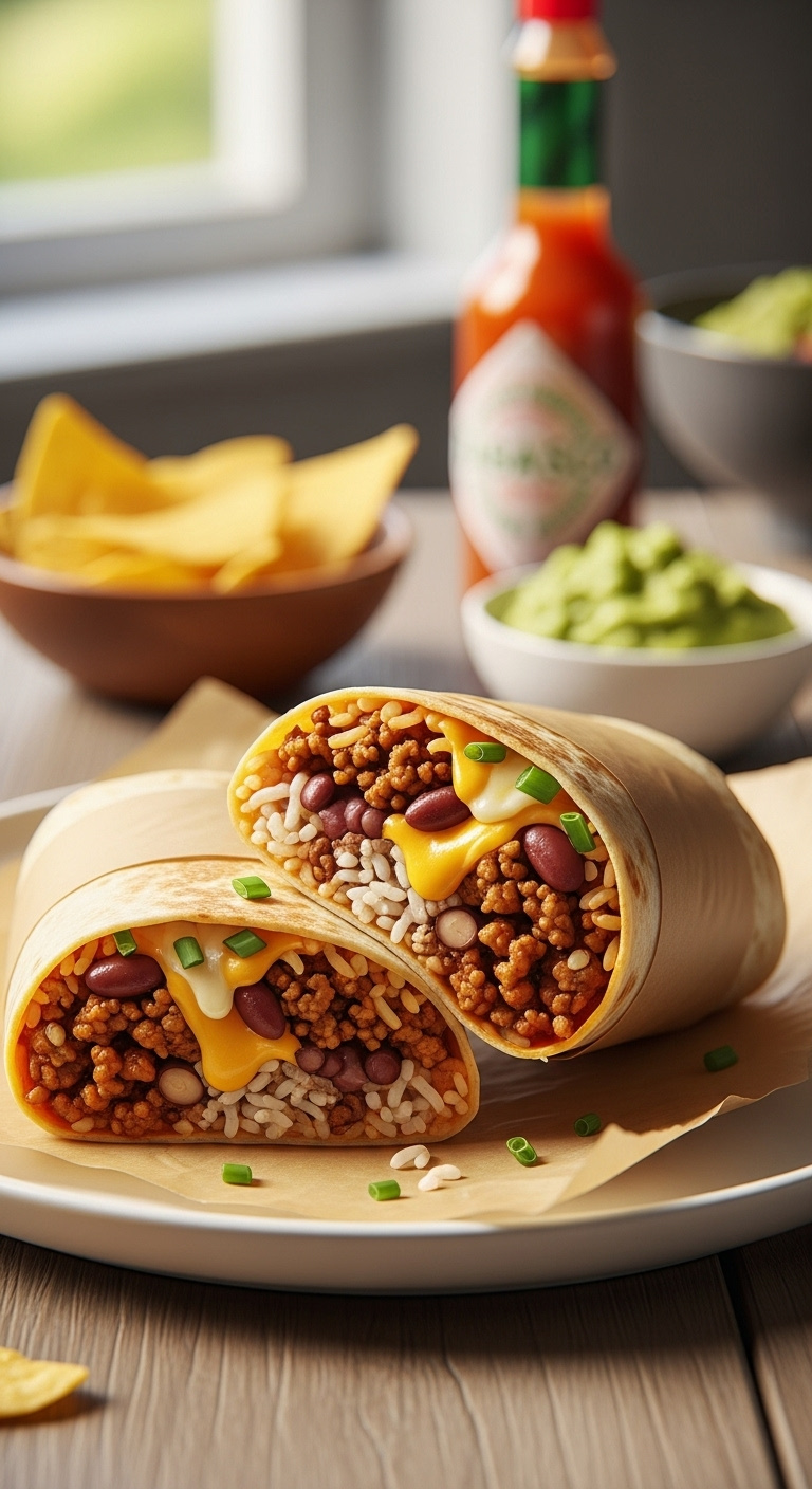 Sliced Beefy Burrito With Seasoned Ground Beef Rice Beans And Melted Cheese On A White Plate With Guacamole And Chips