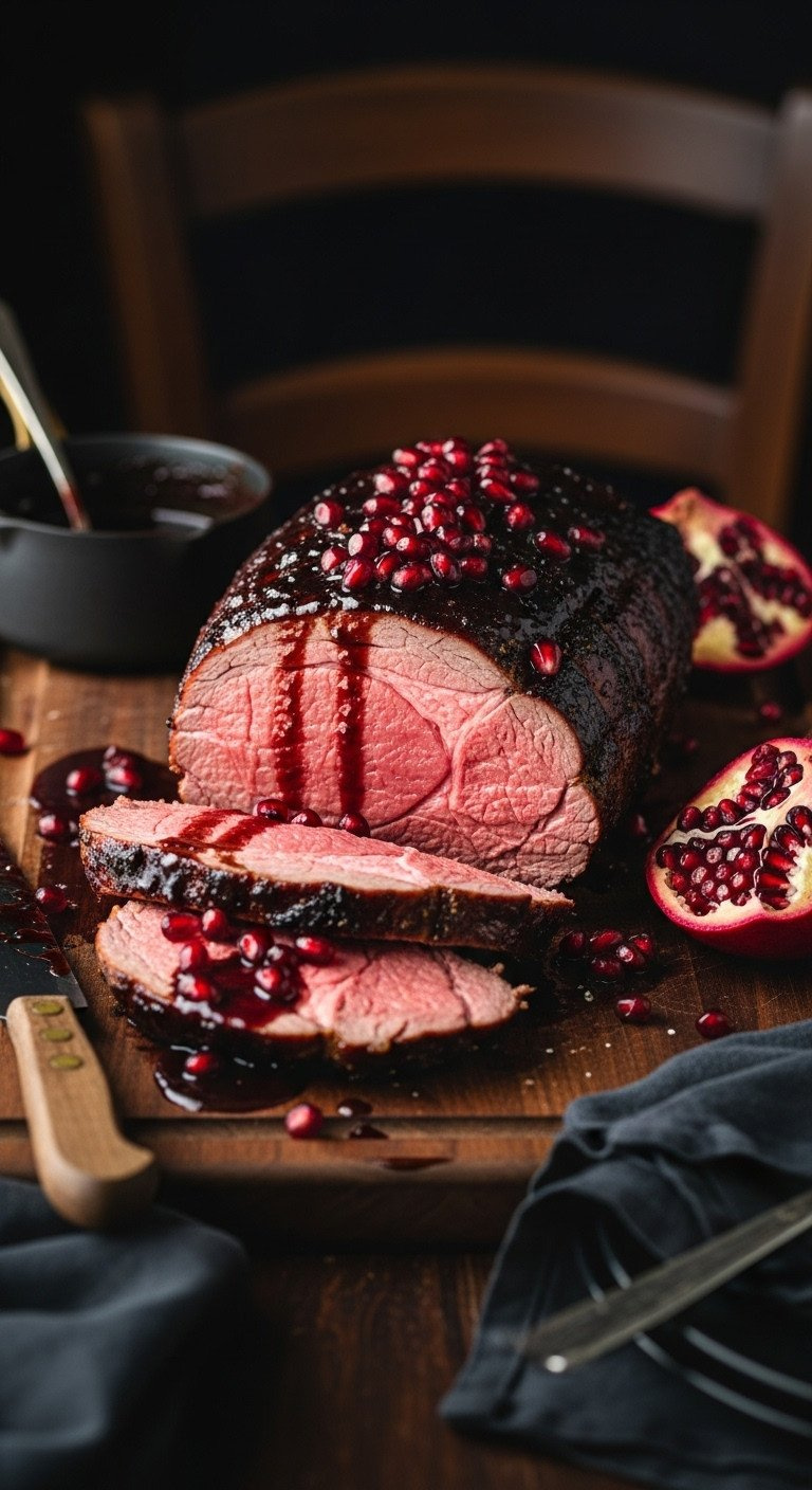 Sliced Boneless Leg Of Lamb, Medium-Rare, With Pomegranate Glaze &Amp; Arils On Dark Wood Carving Board.