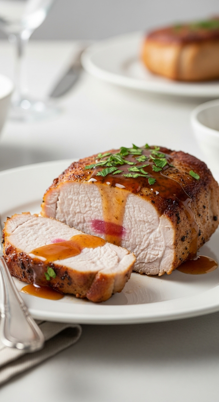 Sliced Boneless Pork Chop With Glossy Pan Sauce And Parsley On A White Plate With A Silver Fork And Napkin