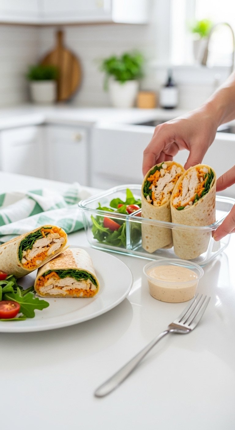 Sliced Cheesy Garlic Chicken Wrap Plated With Side Salad And Another Wrap Being Packed Into A Glass Meal Prep Container.