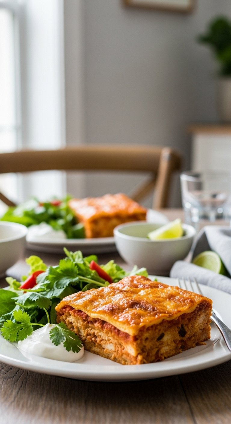 Sliced Chicken Enchilada Casserole Plated With Green Salad, Sour Cream, And Fresh Cilantro Garnish.