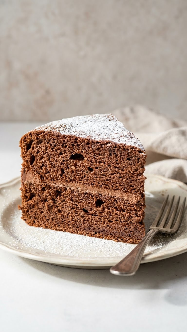 Sliced Chocolate Layer Cake, Perfectly Risen With Fluffy Crumb, Shows Light Texture From Applesauce Baking.