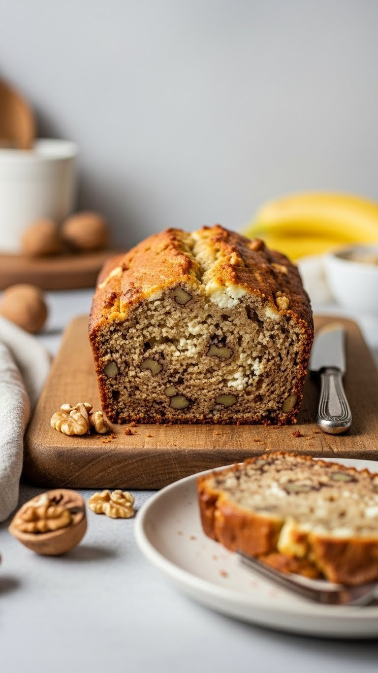 Sliced Cottage Cheese Banana Bread Loaf With Walnuts On Rustic Cutting Board In Warm Kitchen Setting
