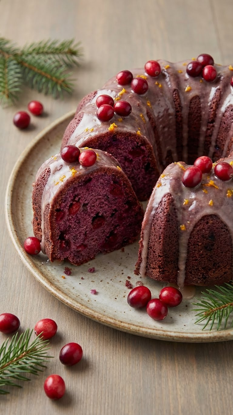 Sliced Cranberry Bundt Cake On A Ceramic Plate, Showcasing A Moist Purple Crumb, Glossy Glaze, And Fresh Cranberries.