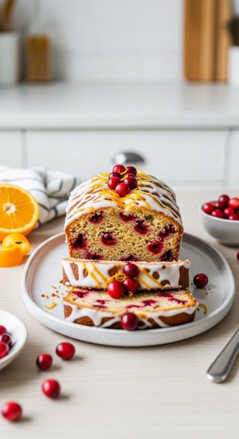 Sliced Cranberry Orange Loaf Cake On A Platter, With A Thick Orange Glaze And A Moist Crumb Full Of Fresh Cranberries.
