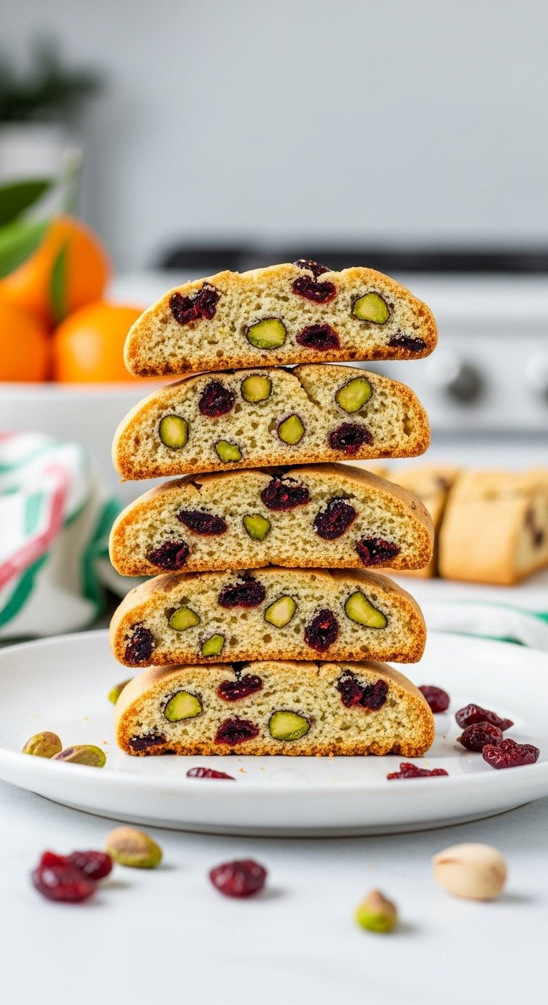 Sliced Cranberry Orange Pistachio Biscotti With Red Cranberries And Green Pistachios On A White Plate. Kitchen, Oranges.