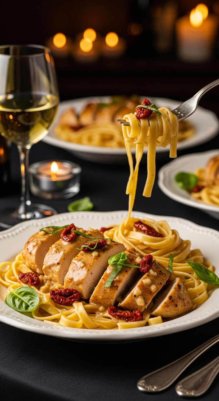 Sliced Crockpot Marry Me Chicken In Creamy Garlic Sauce With Sun Dried Tomatoes And Basil Over Fettuccine In A Pasta Bowl
