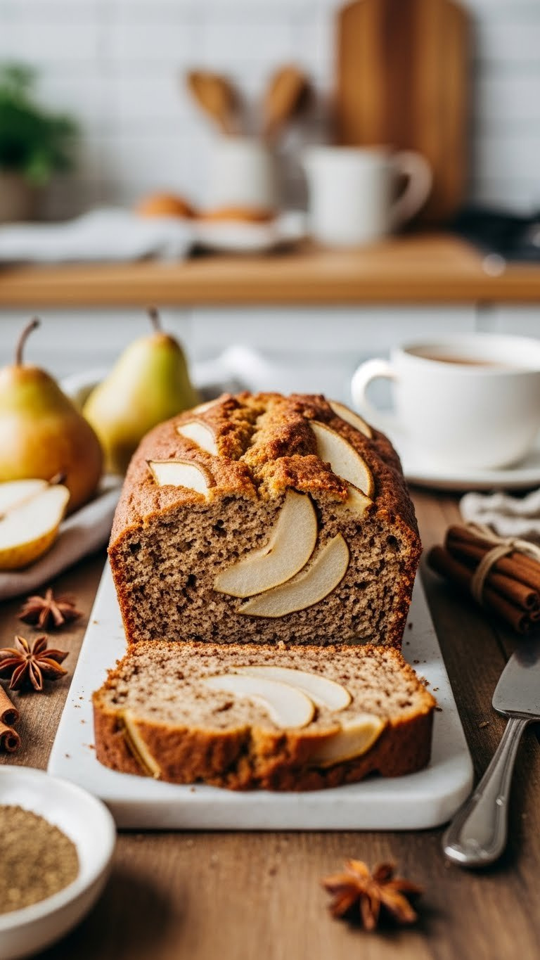 Sliced Dairy-Free Chai Spiced Pear Bread Loaf Revealing Moist Crumb With Pear Pieces On Wooden Table