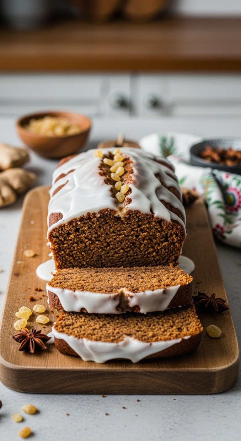 Sliced Dairy-Free Gingerbread Loaf Cake With A White Glaze Drip On A Rustic Wooden Board, Garnished With Crystallized Ginger.