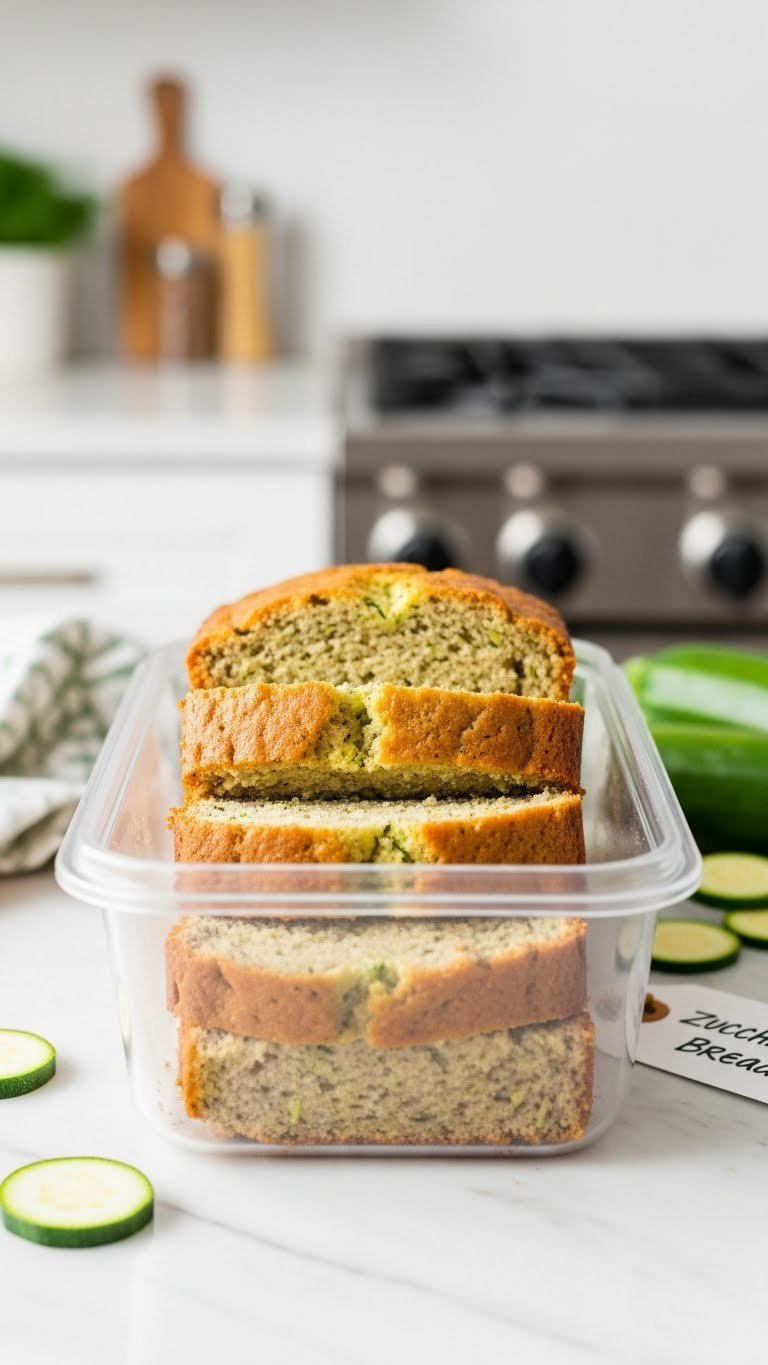 Sliced Eggless Zucchini Bread Stacked In Clear Airtight Container Showing Soft Crumb Texture