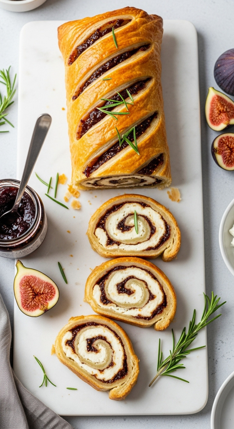 Sliced Fig And Goat Cheese Puff Pastry Roll Revealing A Spiral Of Creamy Cheese And Dark Fig Jam