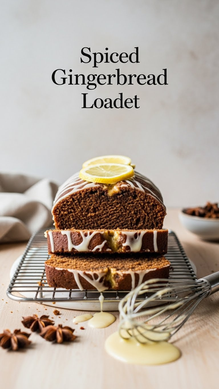 Sliced Gingerbread Loaf Cake With Lemon Glaze, Moist Texture, Deep Brown Color On A Cooling Rack. Cozy Spiced Holiday Dessert.