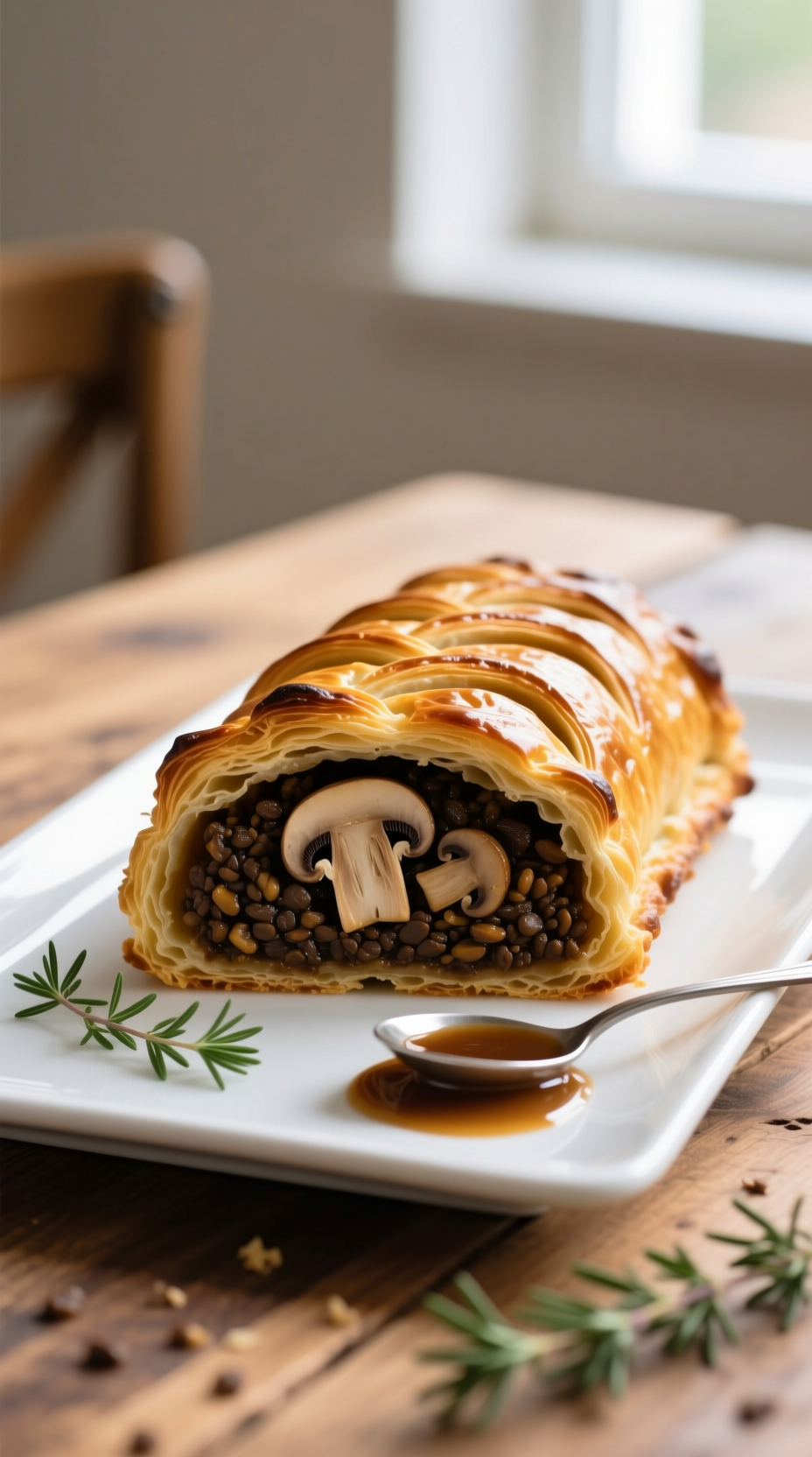 Sliced Golden-Brown Mushroom Wellington With Flaky Pastry, Rich Mushroom And Lentil Filling, Thyme, And Gravy On A White Plate.