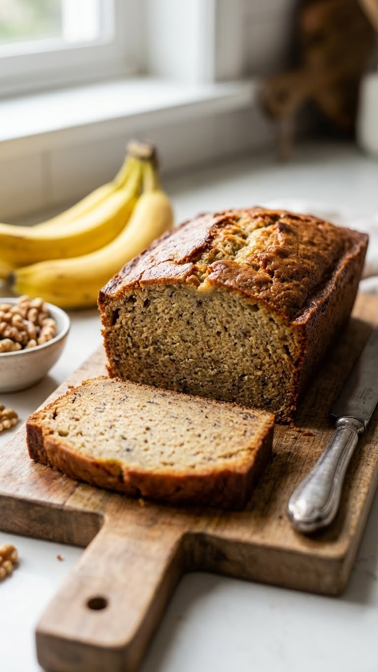 Sliced Golden-Brown Banana Bread With A Cracked Top, Walnuts, And Ripe Bananas On A Rustic Wooden Cutting Board.