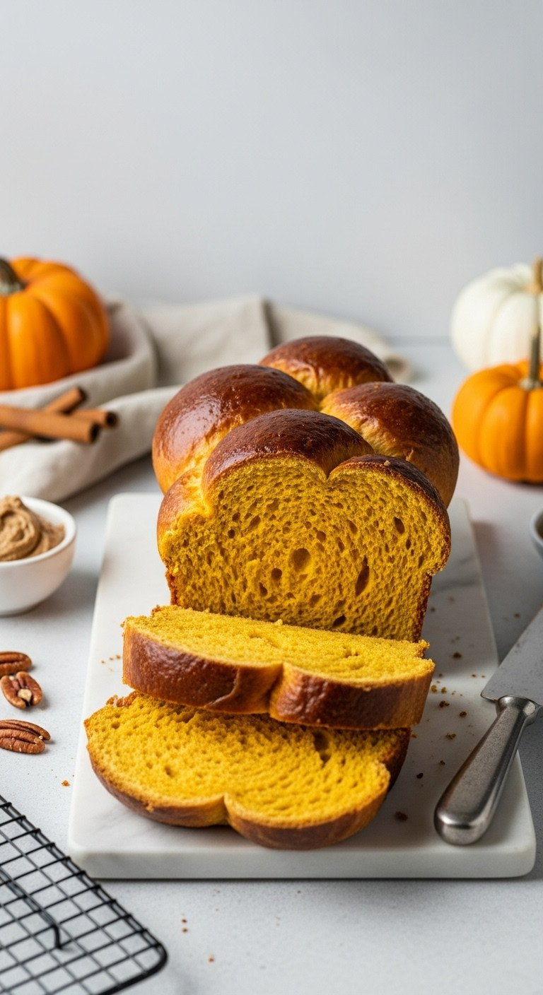 Sliced Golden Pumpkin Brioche, Vibrant Orange Crumb. Fresh Baked, With Cinnamon Butter, Mini Pumpkin, And Pecans.