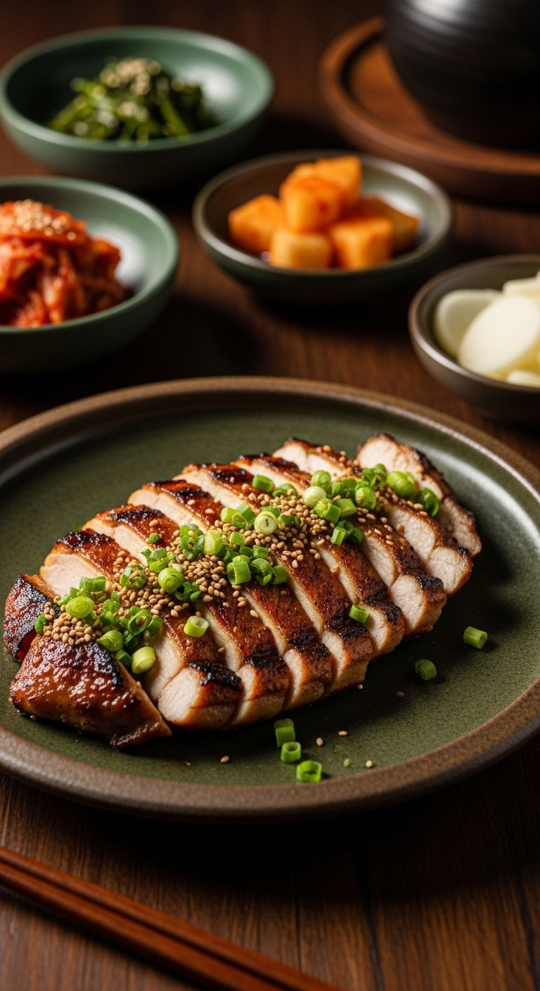 Sliced Grilled Korean Chicken Kalbi Garnished With Sesame Seeds And Green Onions On A Plate.