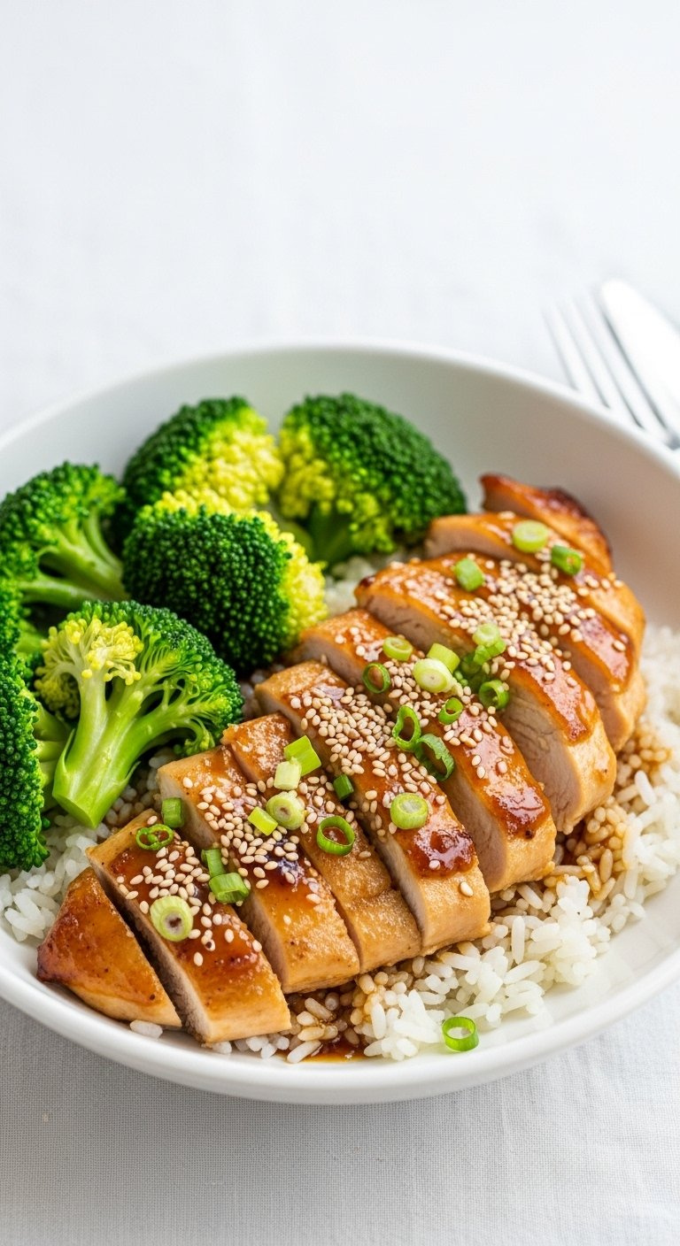 Sliced Honey Garlic Chicken Served Over Fluffy White Rice With Steamed Broccoli In A White Ceramic Bowl.