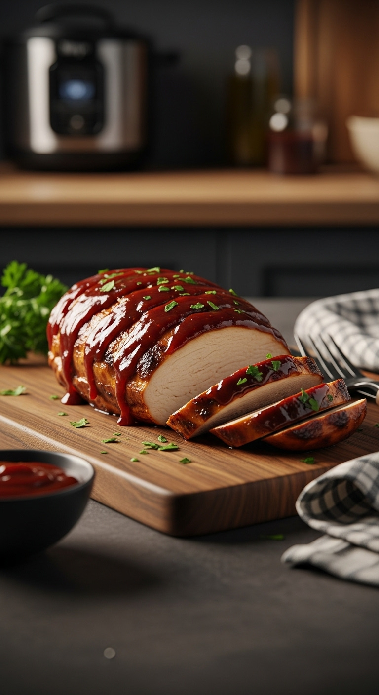 Sliced Juicy Ninja Foodi Bbq Chicken Breast With Glistening Glaze On A Rustic Cutting Board With Sauce And Parsley