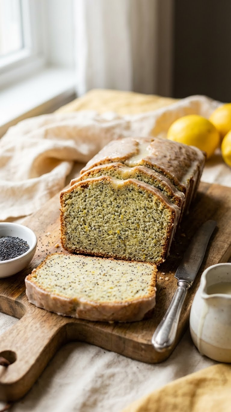 Sliced Lemon Poppy Seed Loaf With Light Glaze, Showing Moist Crumb On Rustic Cutting Board. Cozy Kitchen, Natural Light.