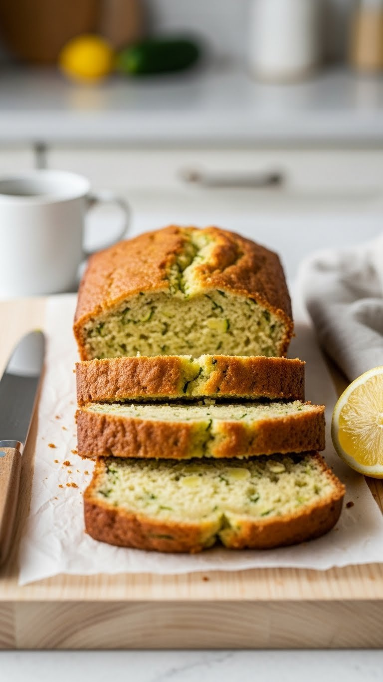 Sliced Lemon Zucchini Bread Displaying Moist Crumb With Green Zucchini Flecks Arranged On Wooden Cutting Board