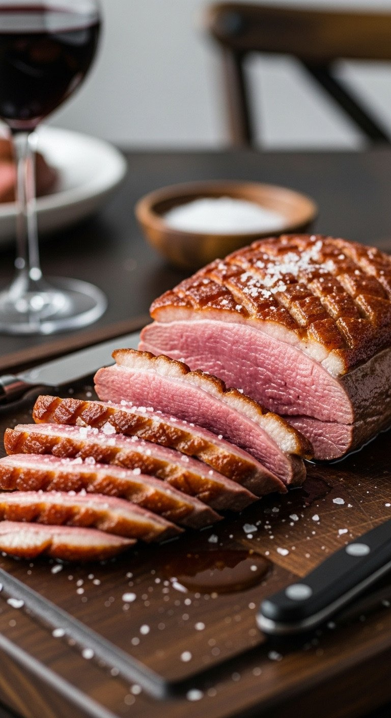 Sliced Medium-Rare Duck Breast Fanned On A Dark Board, Showing A Juicy Pink Center And Crispy Skin, Drizzled With Sauce.