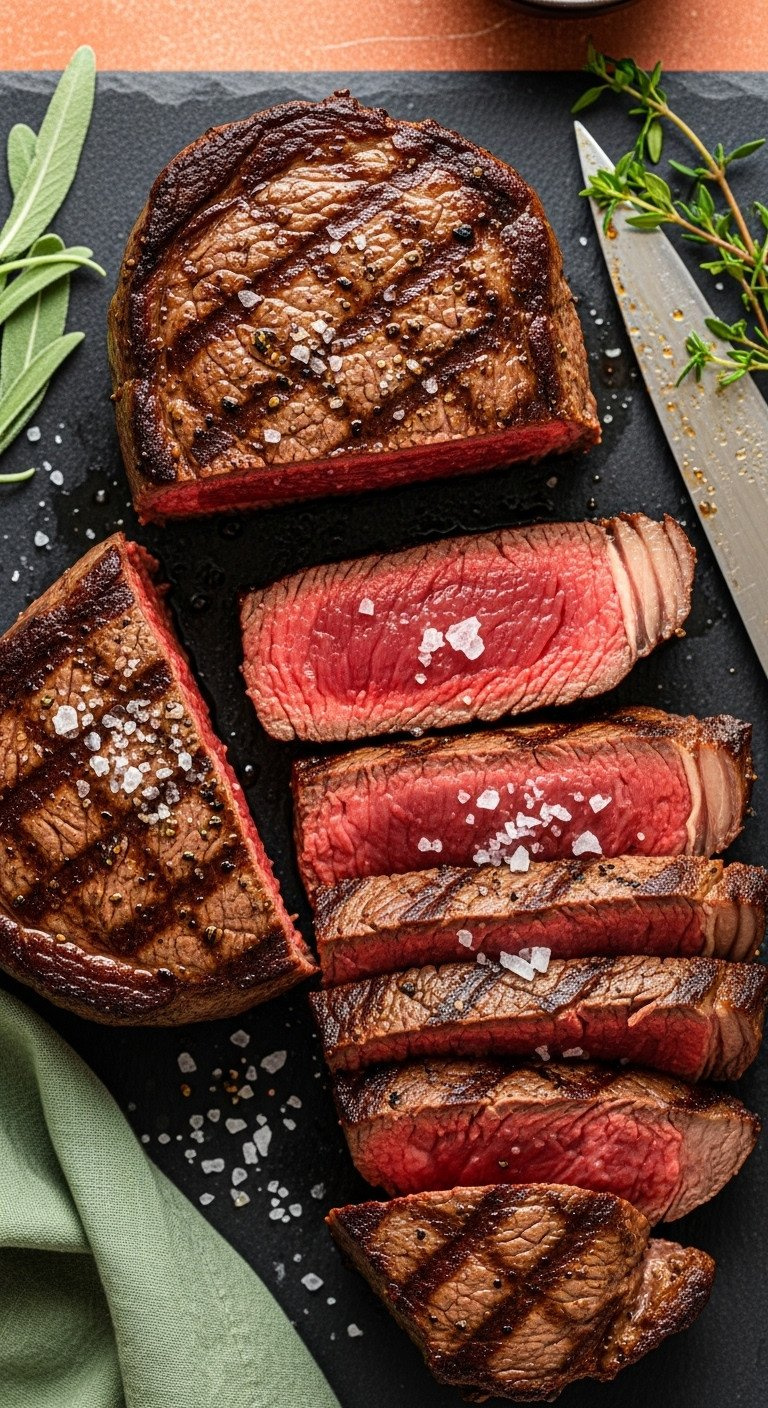 Sliced Medium-Rare Filet Mignon On A Dark Board, Showing A Juicy Warm Red Center, Dark Crust, And Flaky Sea Salt.