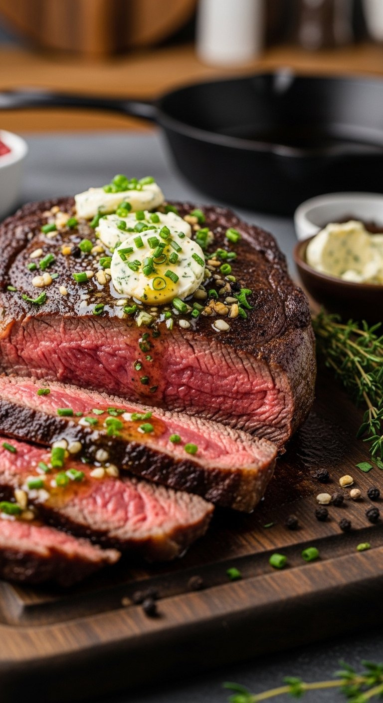 Sliced Medium-Rare Ribeye Steak Drizzled With Garlic Cowboy Butter On A Rustic Wooden Cutting Board.